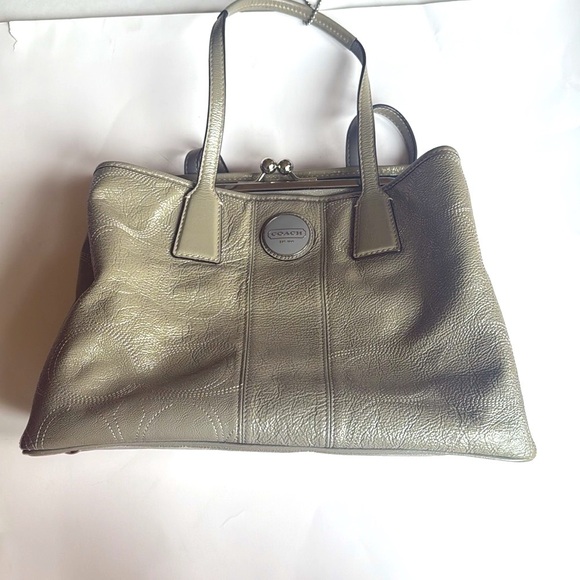 Coach Stitch Framed Kisslock Carryall Tote Bag in Olive / Gray Leather - Picture 3 of 13